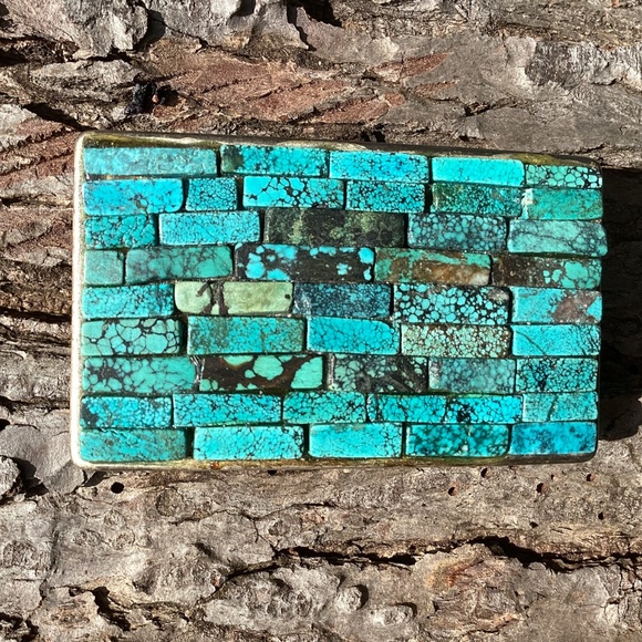 Artisan Made African Turquoise Jasper Inlay Metal Belt Buckle - Picture 5 of 7